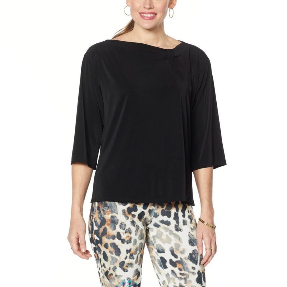 DAVID David Meister 3/4 Sleeve Fluid Jersey Knot-Neck Top in Black